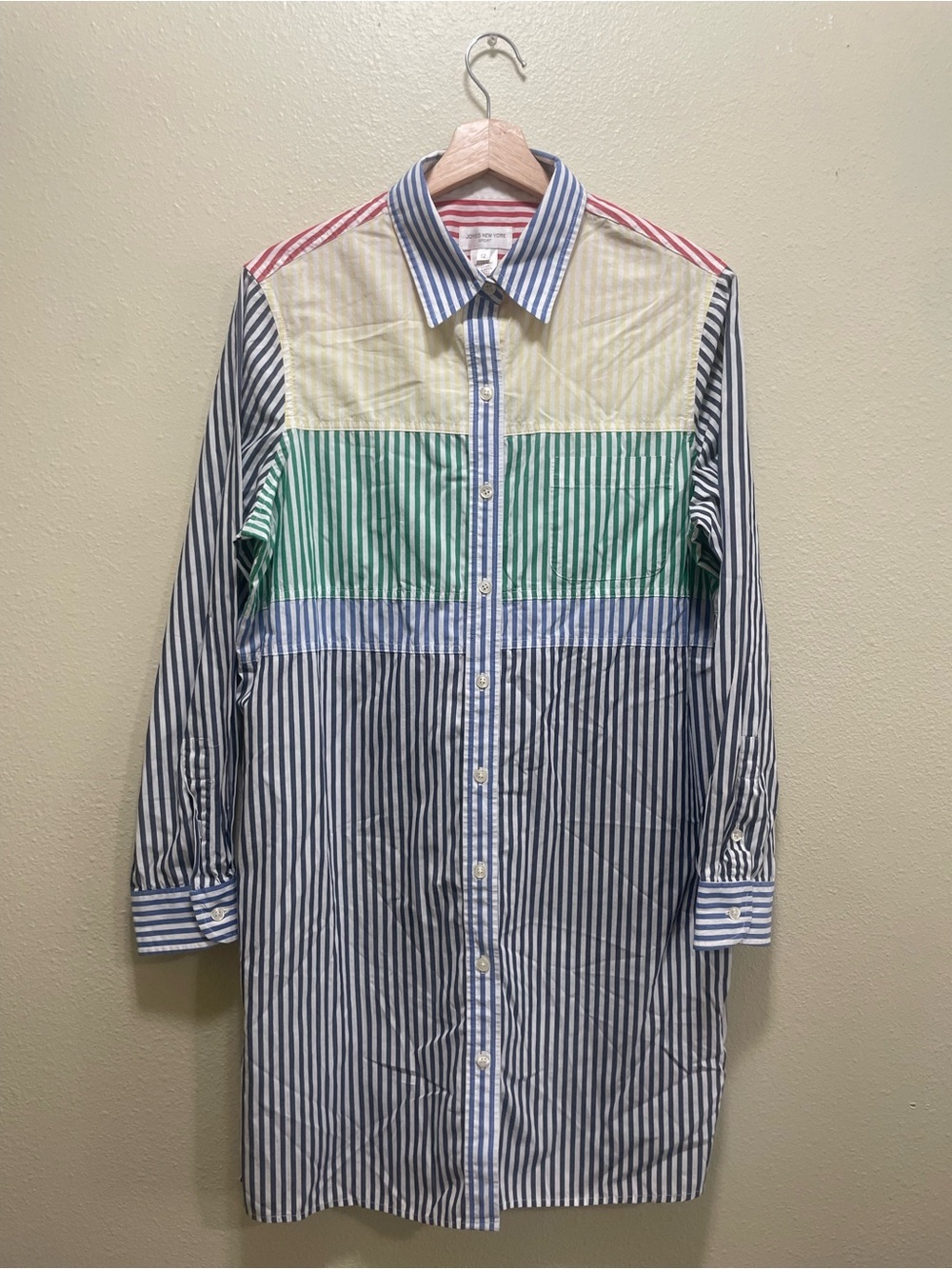 Jones New York Striped Multi-Color Longline Button-Up Shirt - Blue/Green